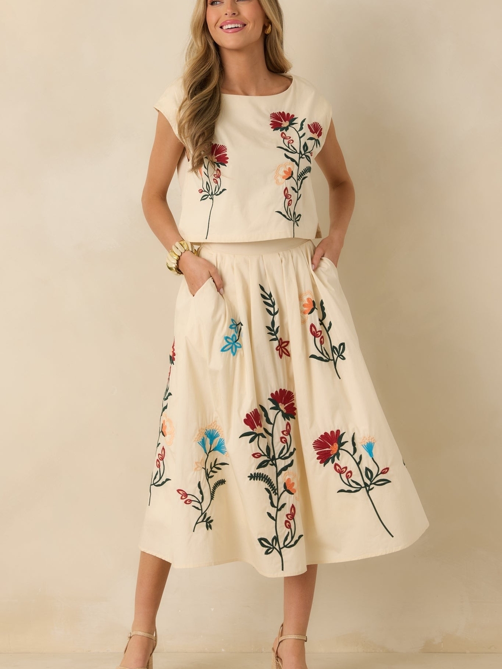 Anthropologie Cream Floral Embroidered Midi Skirt